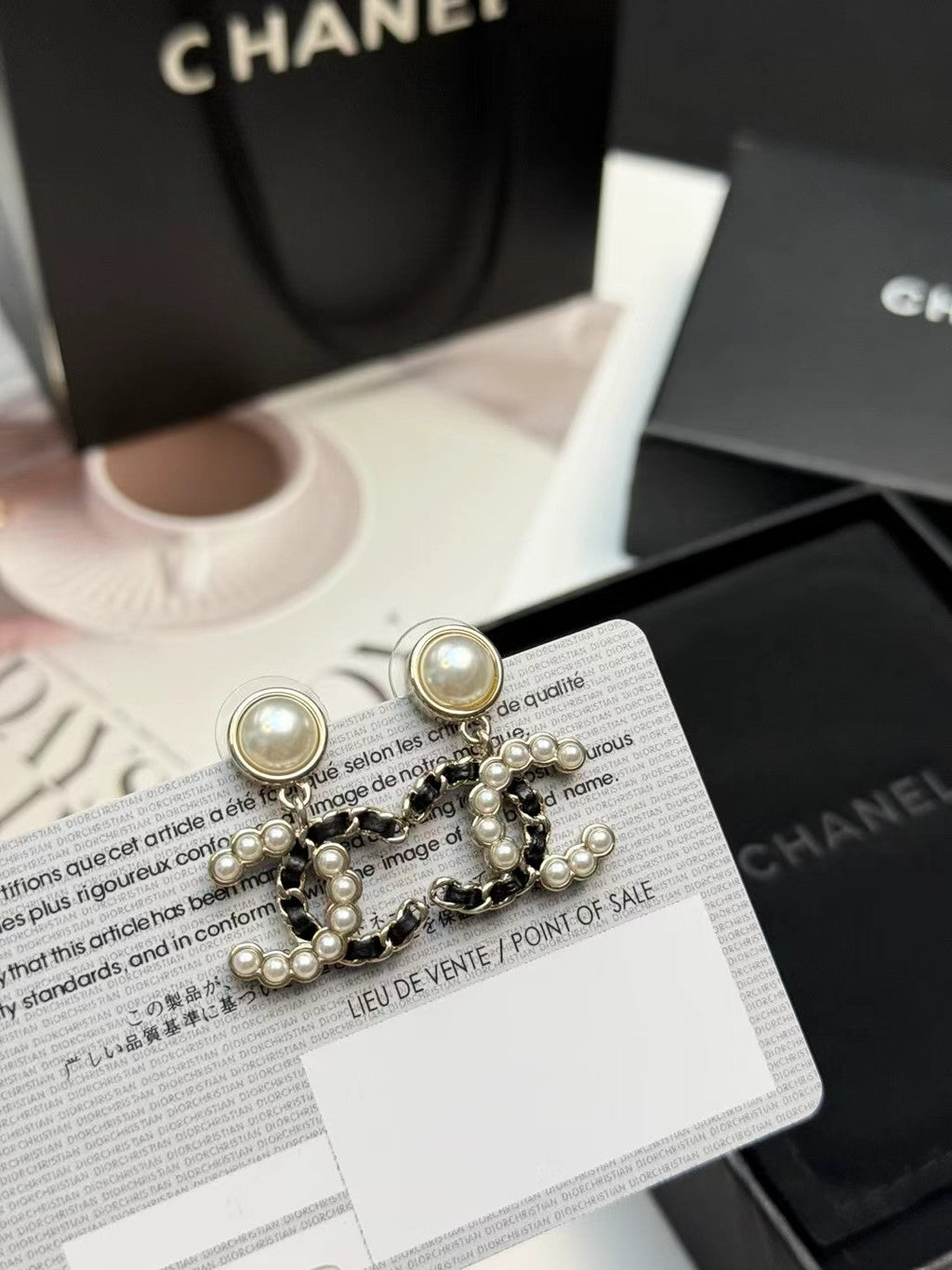 CHANEL Pearl Black Silk Earrings