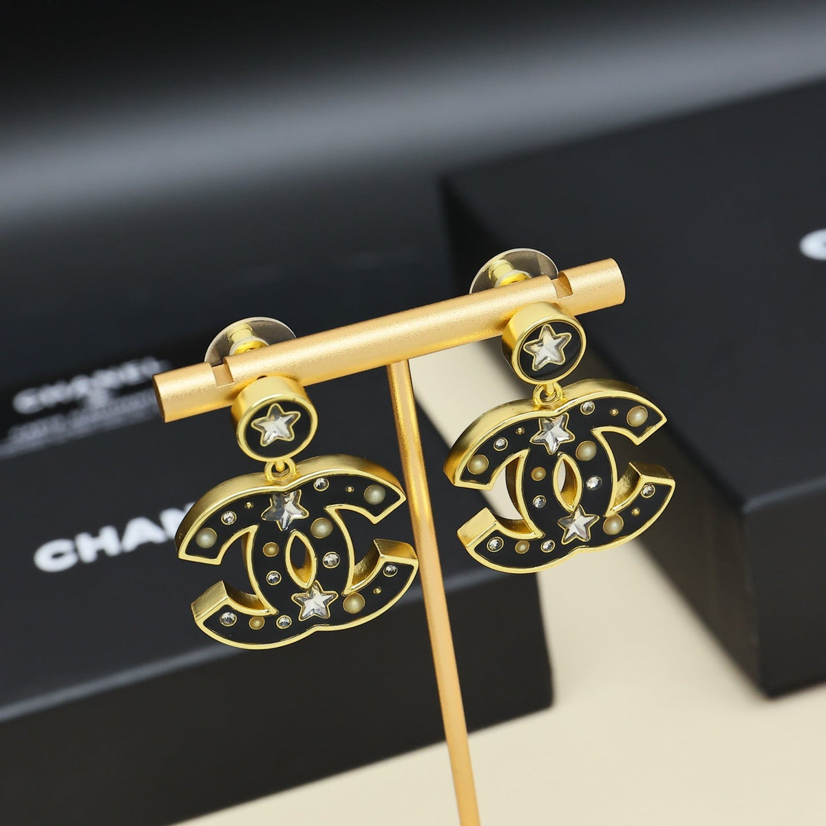 CHANEL Pearl Gold-Tone Black Earrings