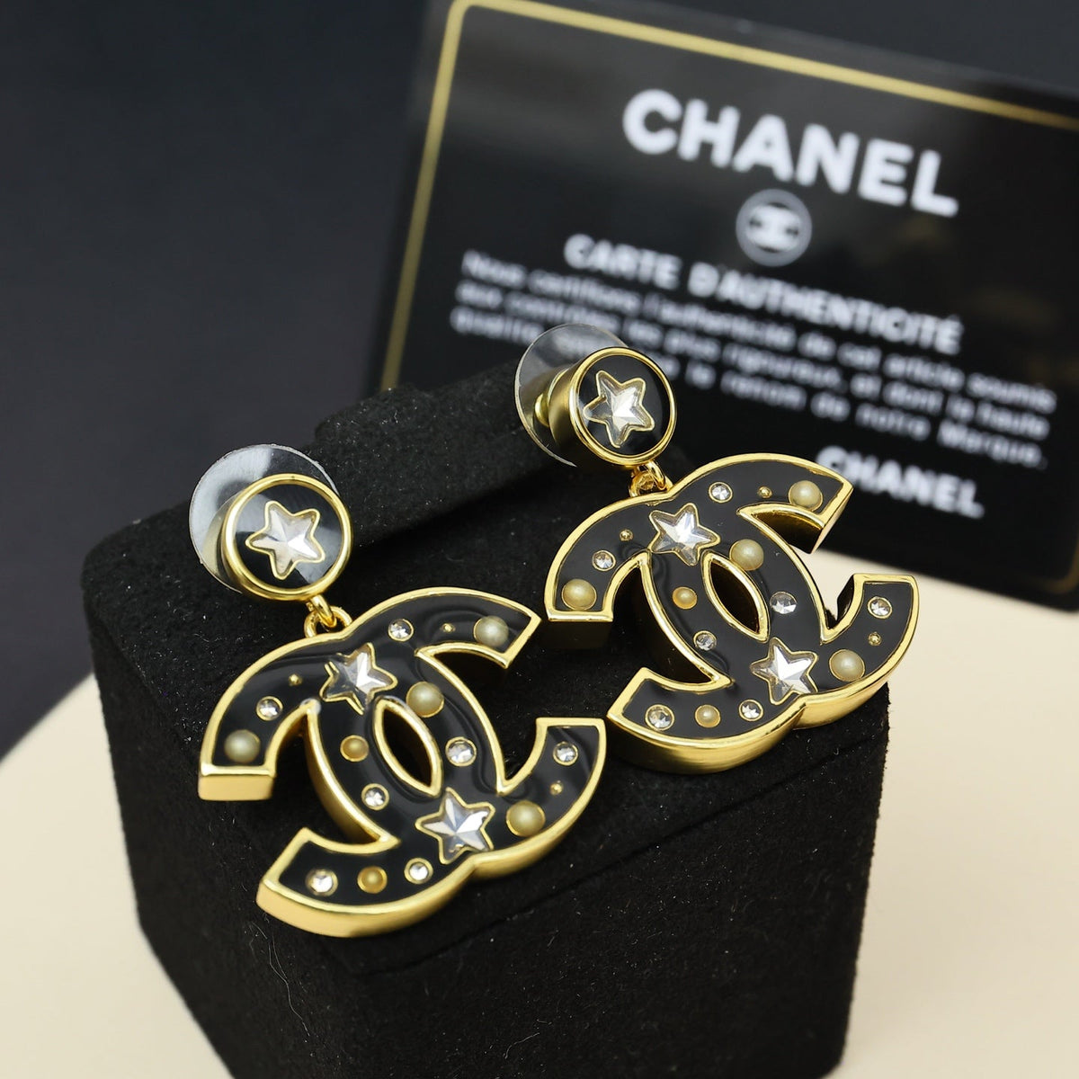 CHANEL Pearl Gold-Tone Black Earrings