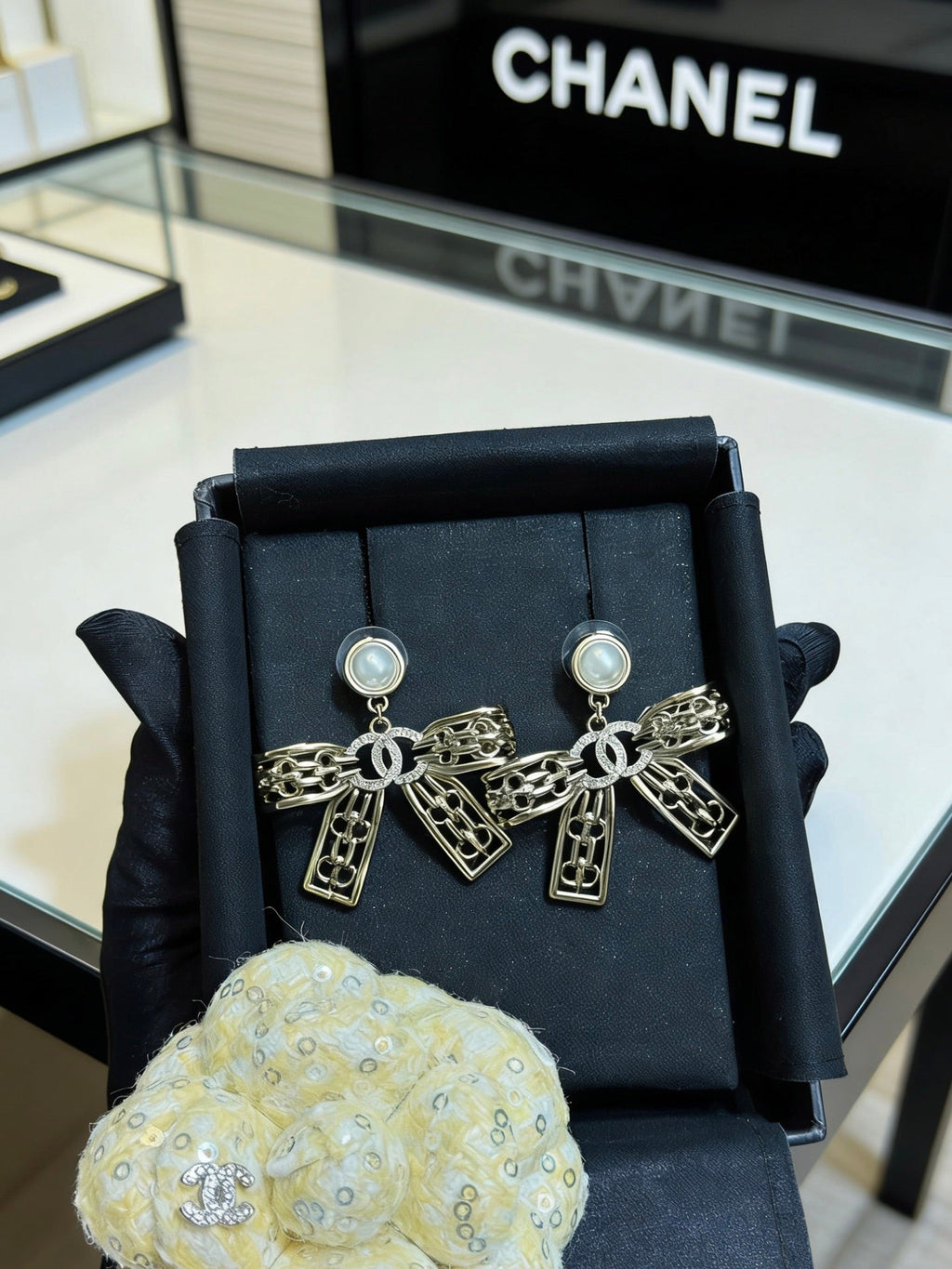 CHANEL Pearl Crystal Bow Earrings