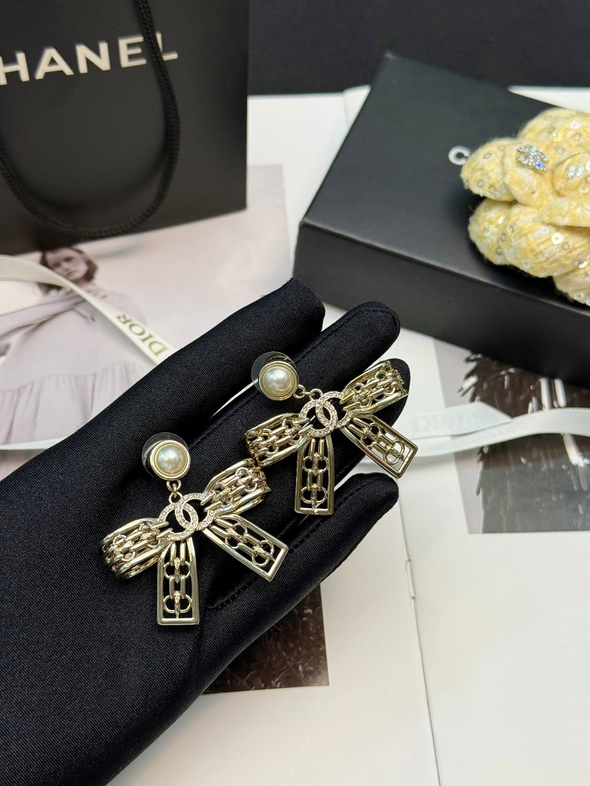 CHANEL Pearl Crystal Bow Earrings