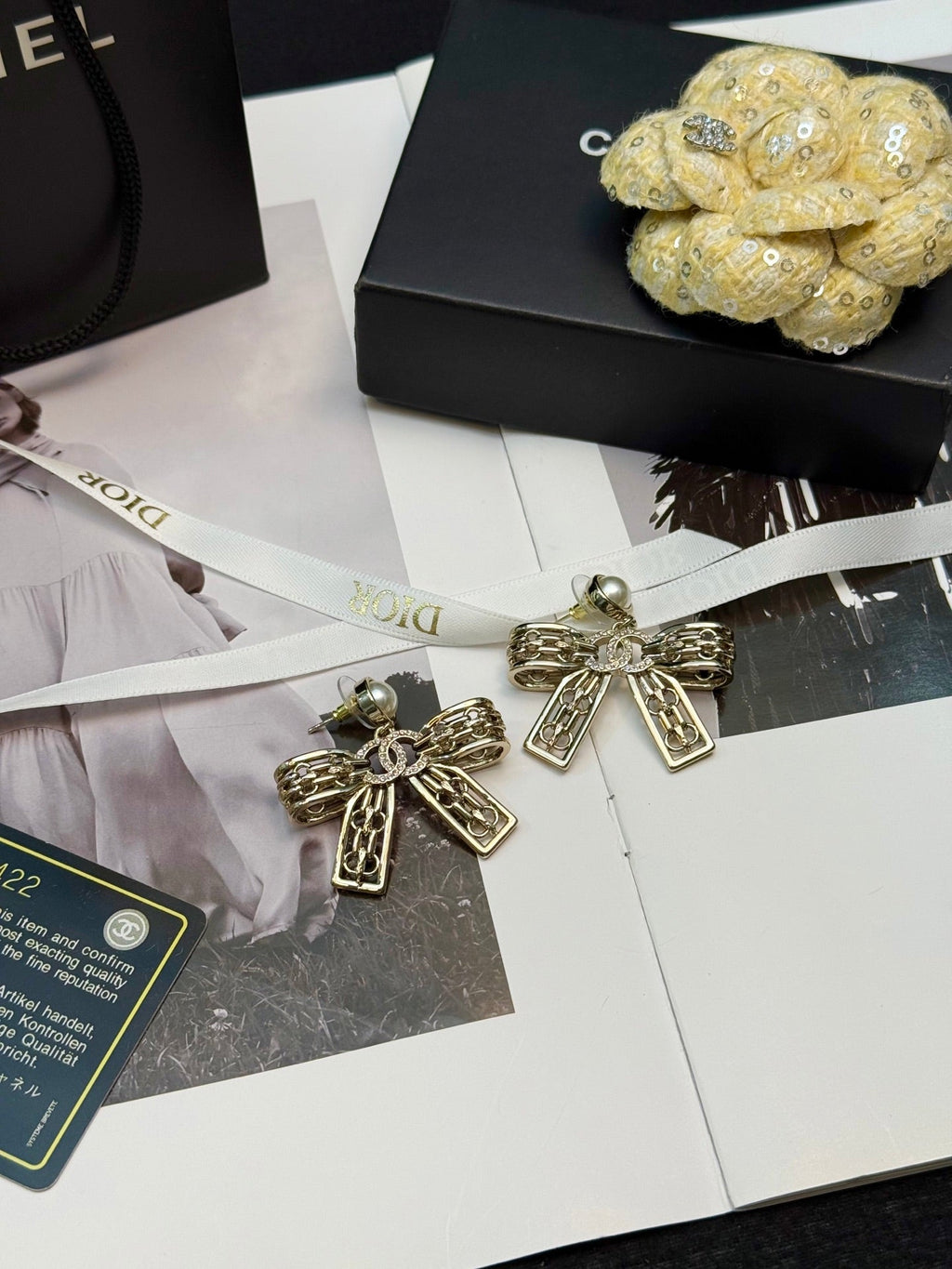 CHANEL Pearl Crystal Bow Earrings