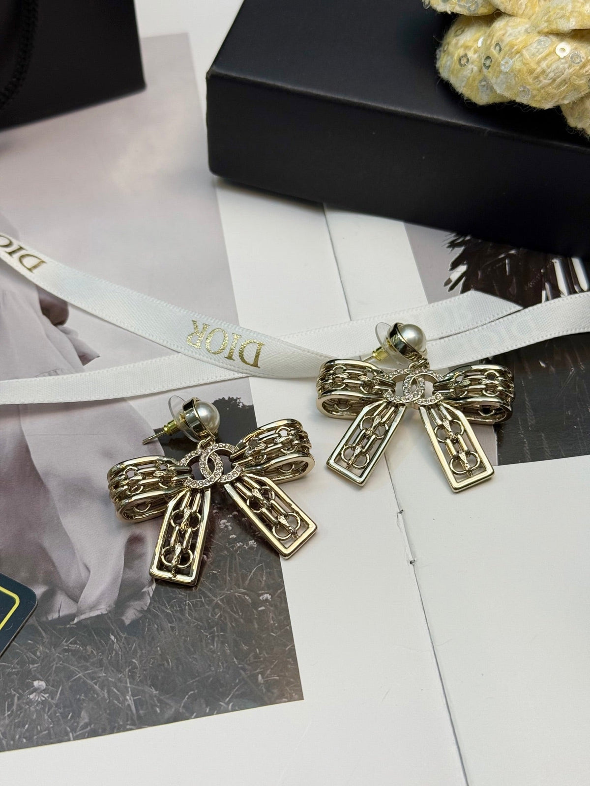 CHANEL Pearl Crystal Bow Earrings