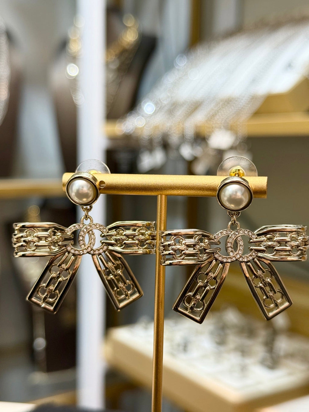 CHANEL Pearl Crystal Bow Earrings