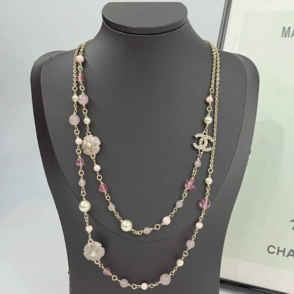 CHANEL Pearl Crystal Camellia Long Necklace