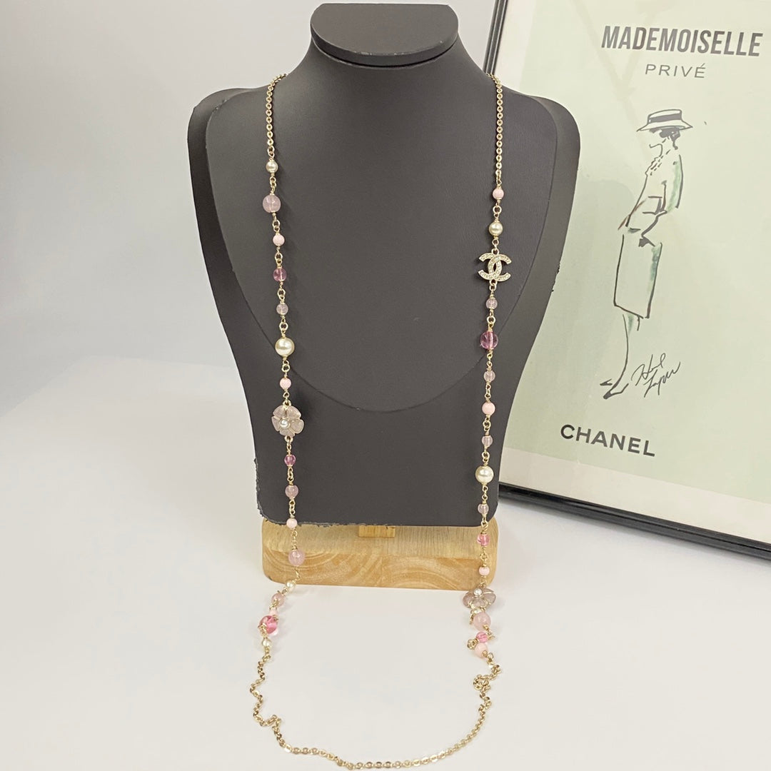 CHANEL Pearl Crystal Camellia Long Necklace