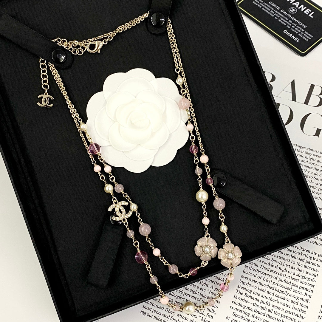 CHANEL Pearl Crystal Camellia Long Necklace