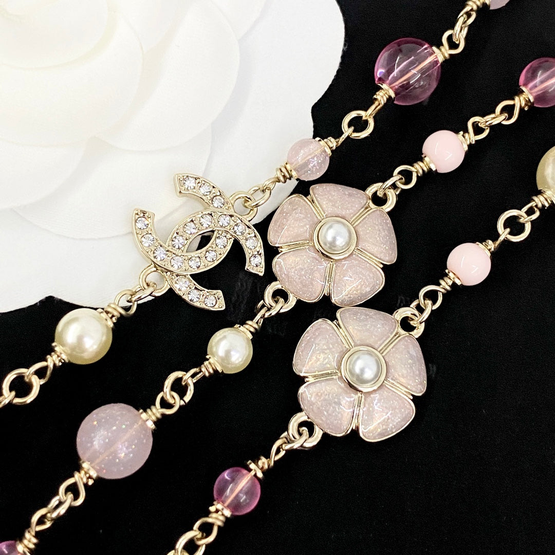 CHANEL Pearl Crystal Camellia Long Necklace
