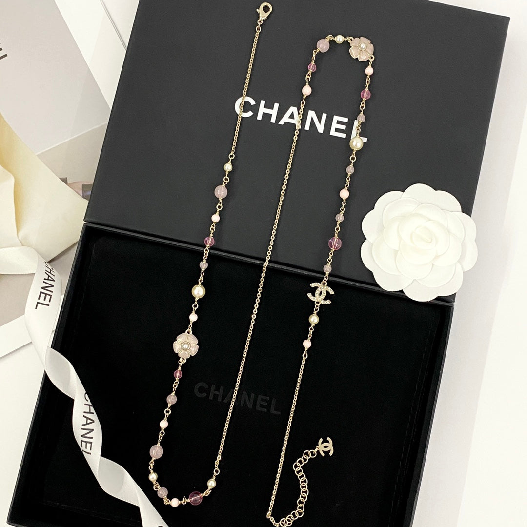 CHANEL Pearl Crystal Camellia Long Necklace