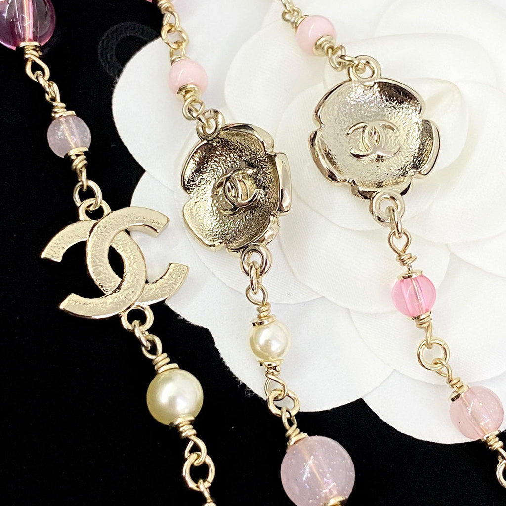 CHANEL Pearl Crystal Camellia Long Necklace