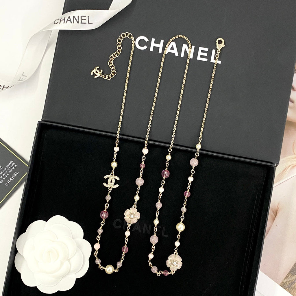 CHANEL Pearl Crystal Camellia Long Necklace