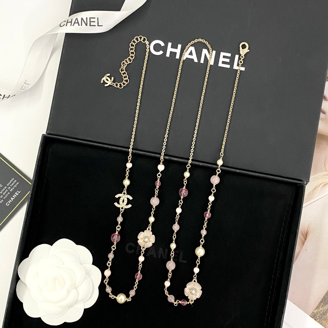 CHANEL Pearl Crystal Camellia Long Necklace
