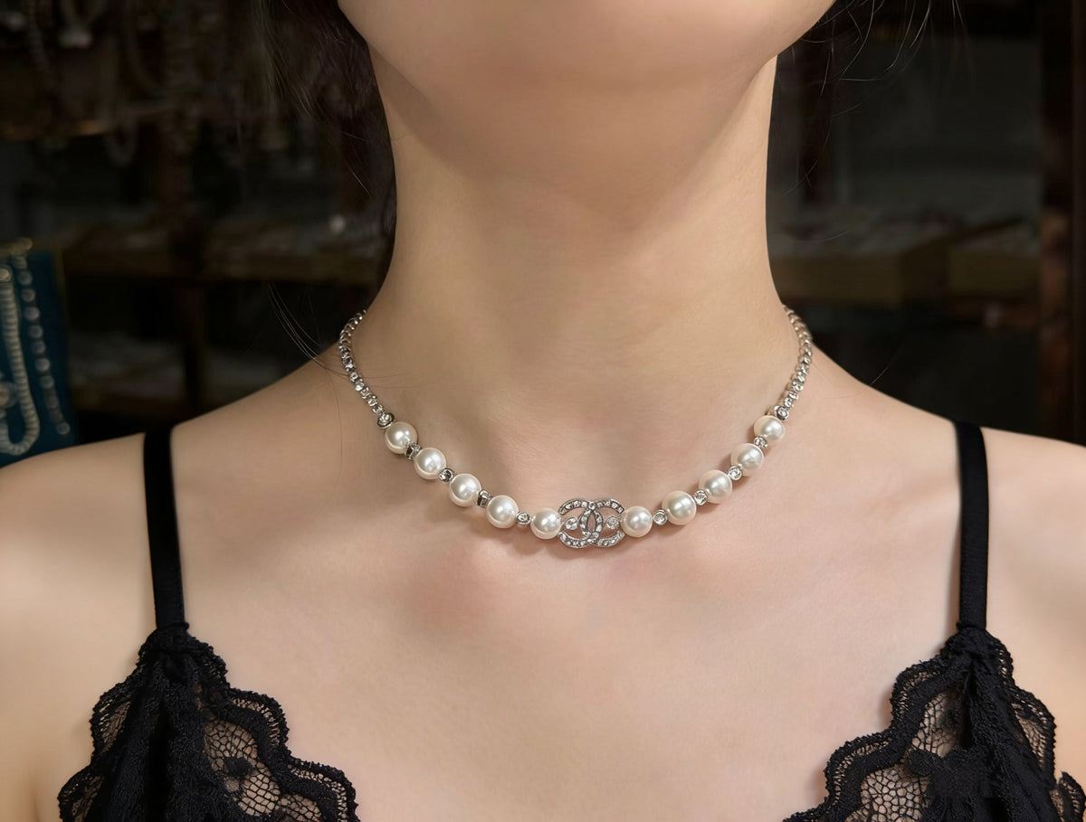 CHANEL Pearl Crystal Double-C Necklace