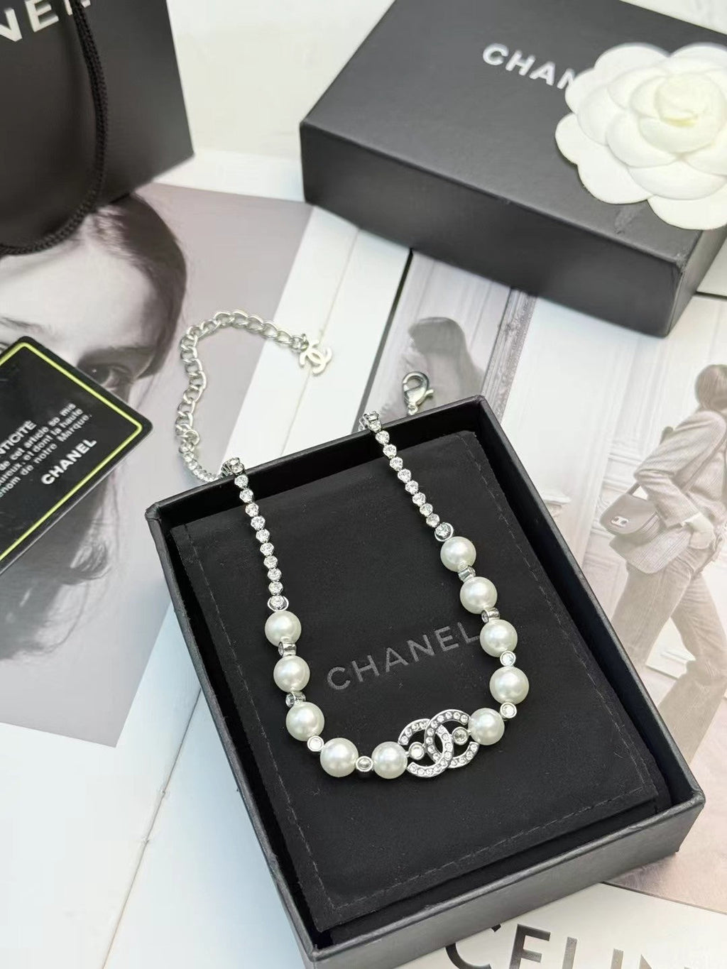CHANEL Pearl Crystal Double-C Necklace