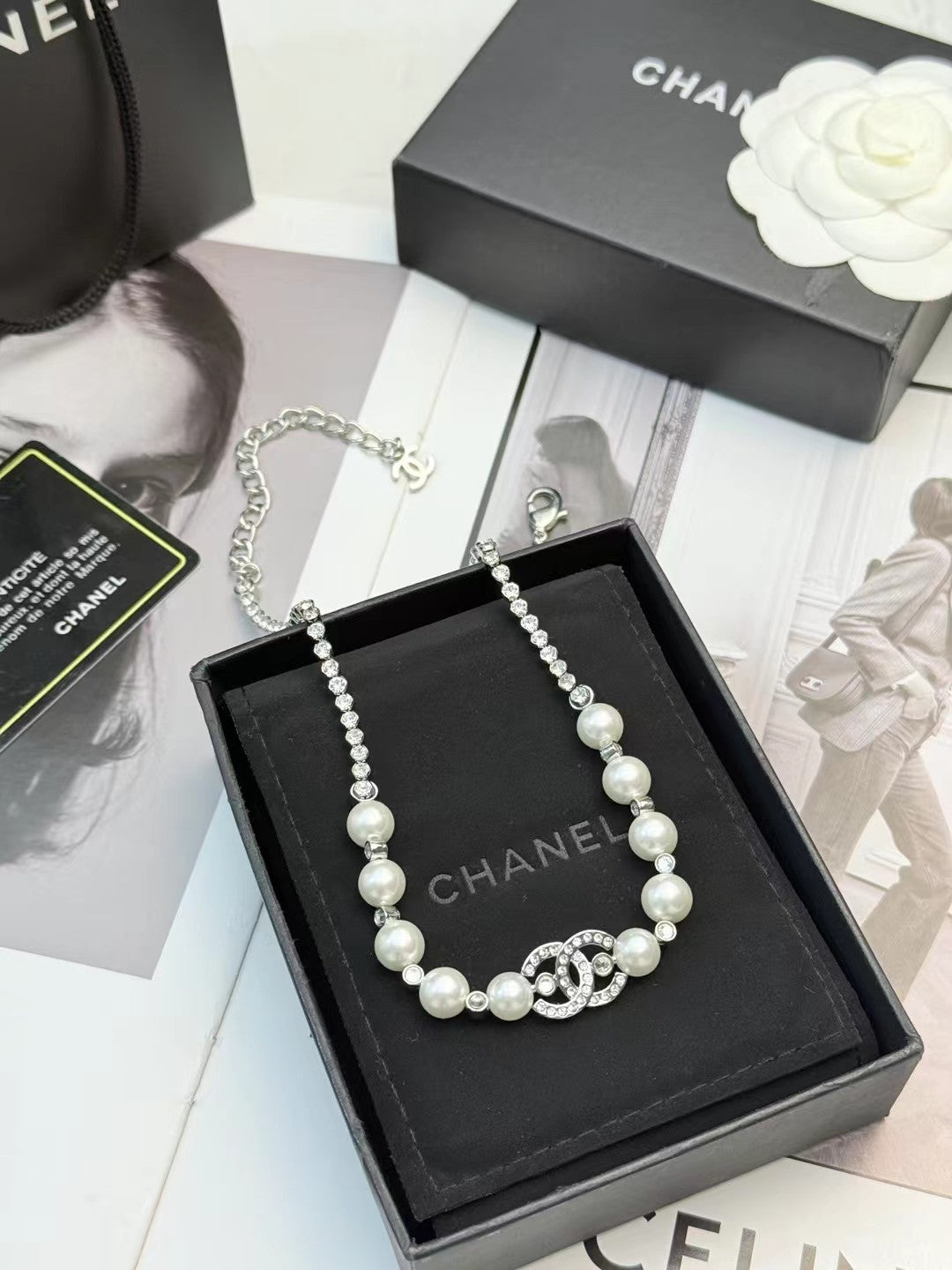 CHANEL Pearl Crystal Double-C Necklace
