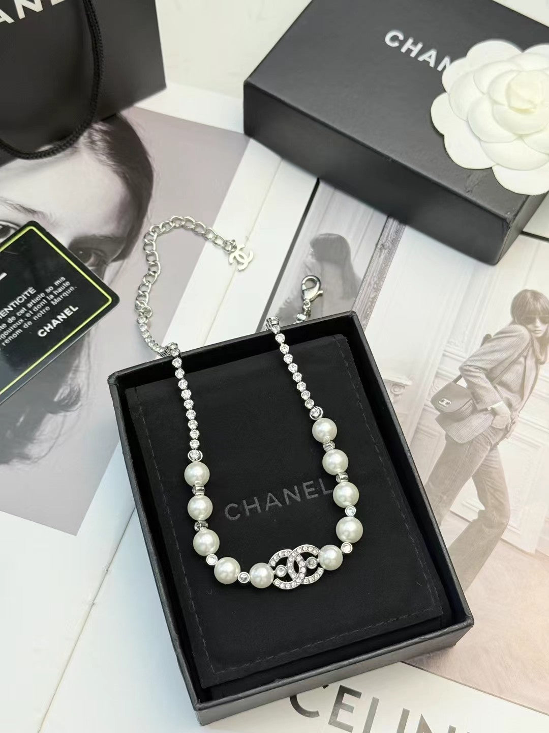 CHANEL Pearl Crystal Double-C Necklace
