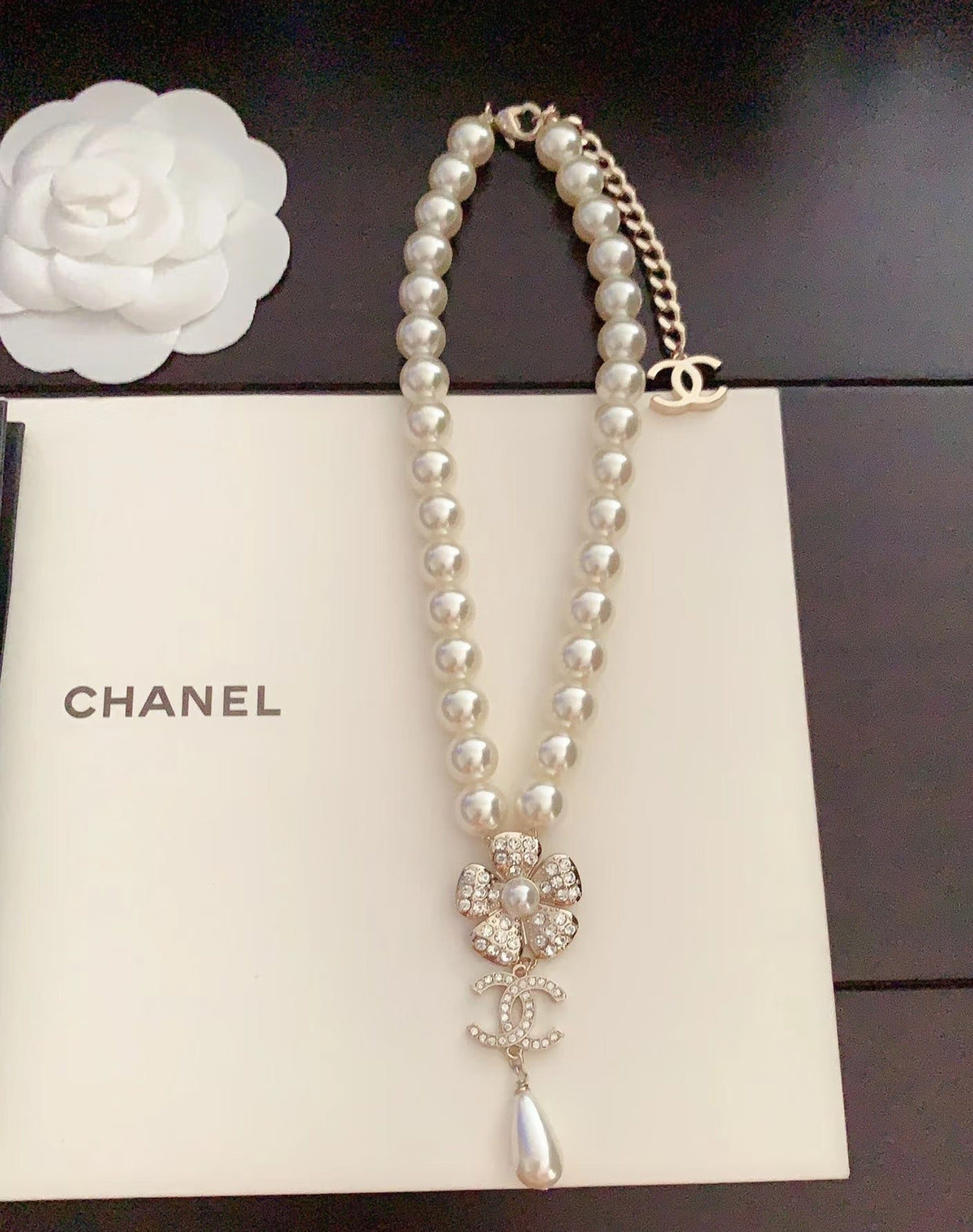 CHANEL Pearl Double-C Camellia Long Necklace