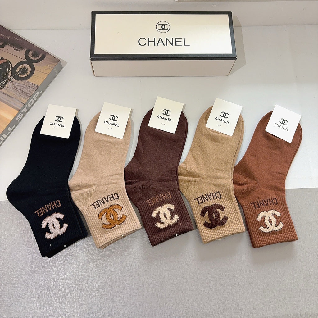 Chanel Comfort Crew Socks – 5-Pair Set #003