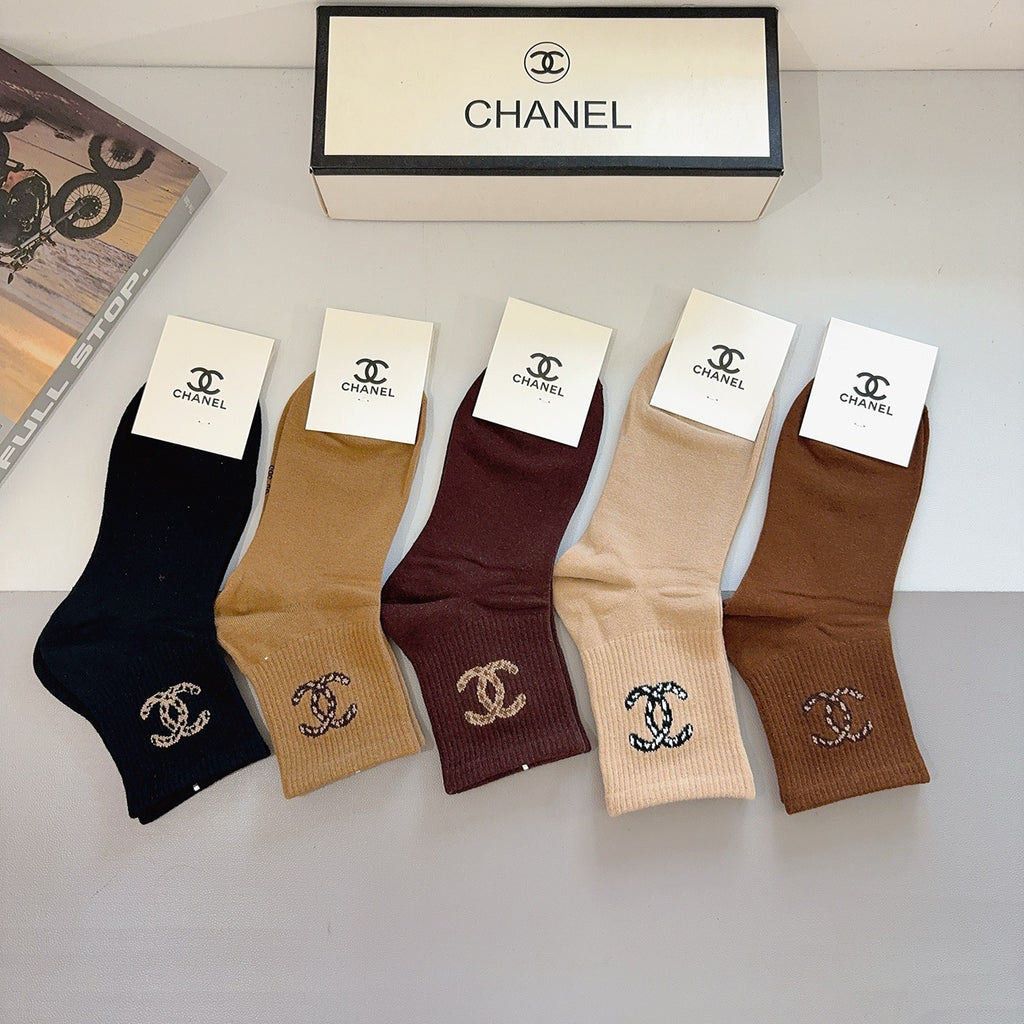 Chanel Cotton Crew Socks – 5-Pair Set #008
