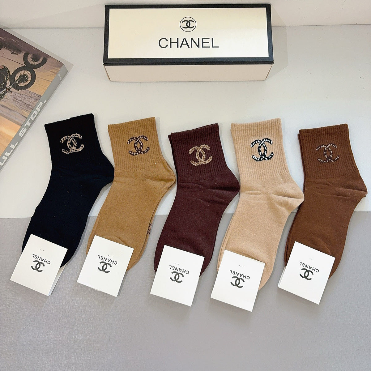Chanel Cotton Crew Socks – 5-Pair Set #008