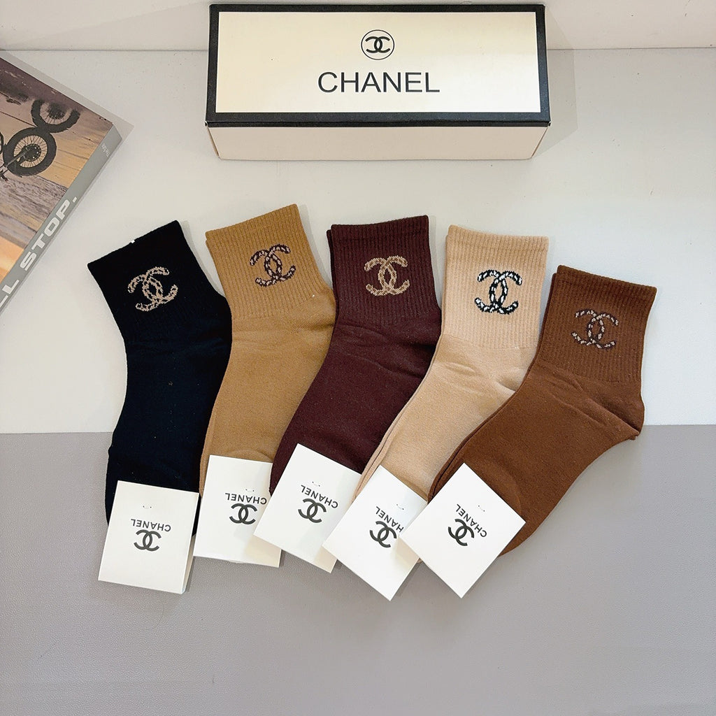 Chanel Cotton Crew Socks – 5-Pair Set #008