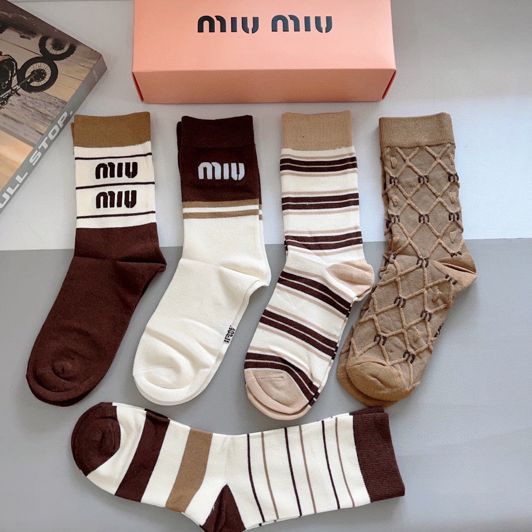 Miu Miu Bamboo Cotton Knee-High Socks – 5-Pair Set #001