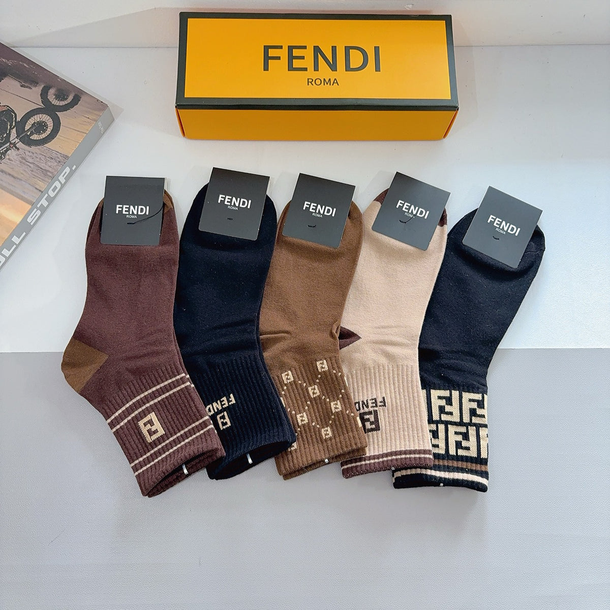 Fendi Cotton Crew Socks – 5-Pair Set #003