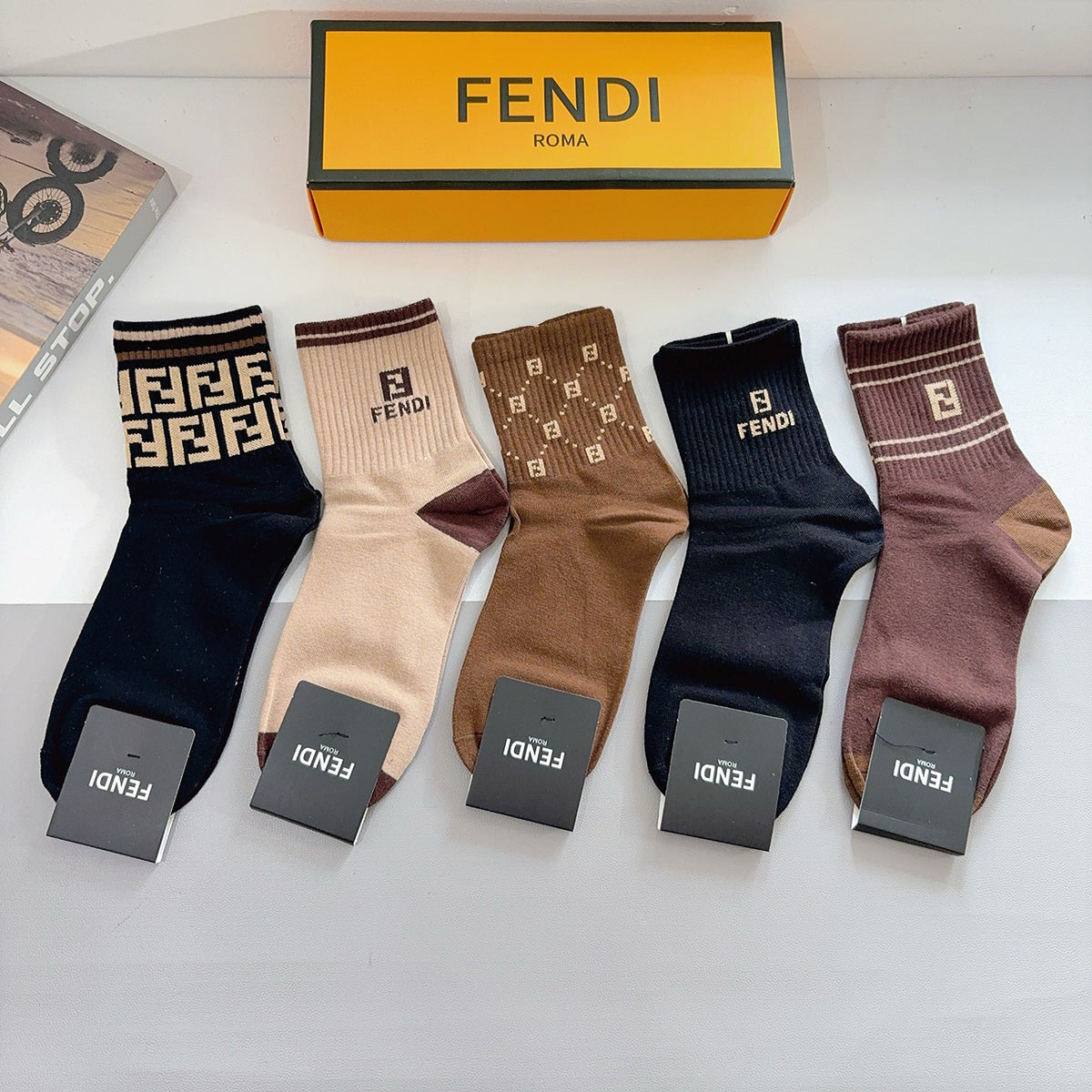 Fendi Cotton Crew Socks – 5-Pair Set #003