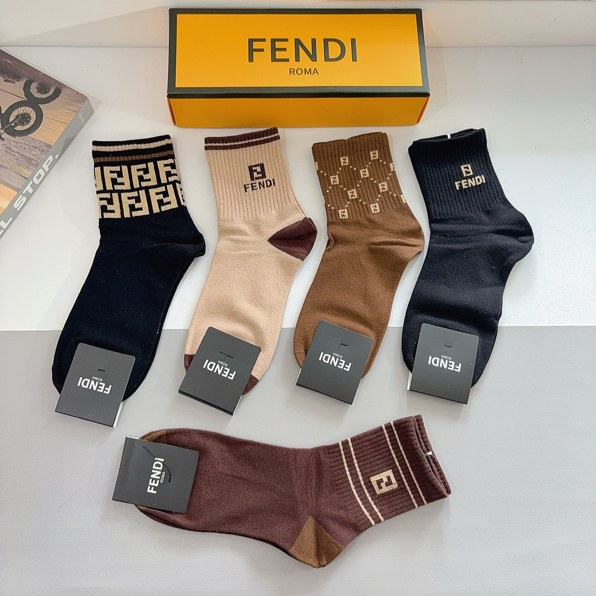 Fendi Cotton Crew Socks – 5-Pair Set #003