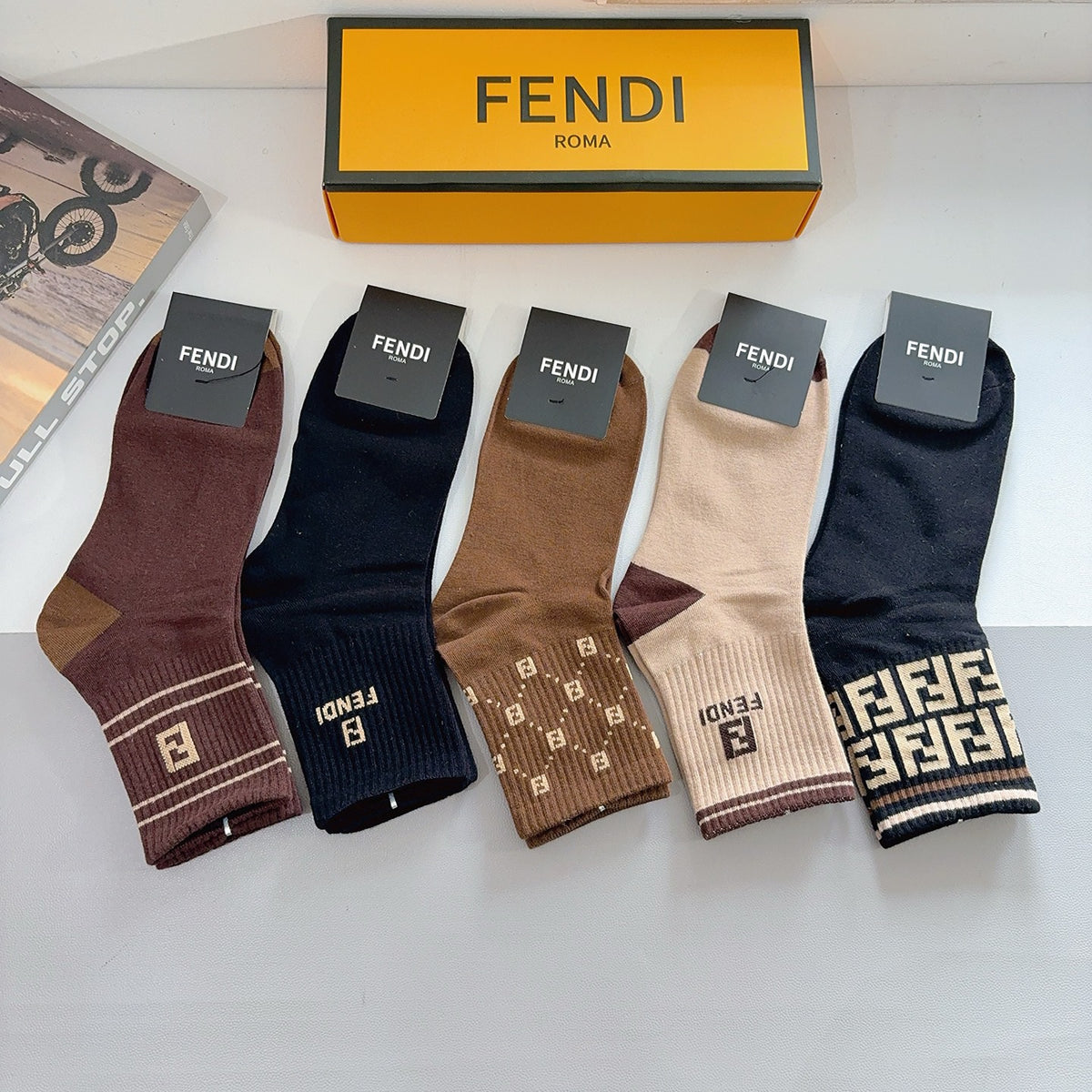 Fendi Cotton Crew Socks – 5-Pair Set #003