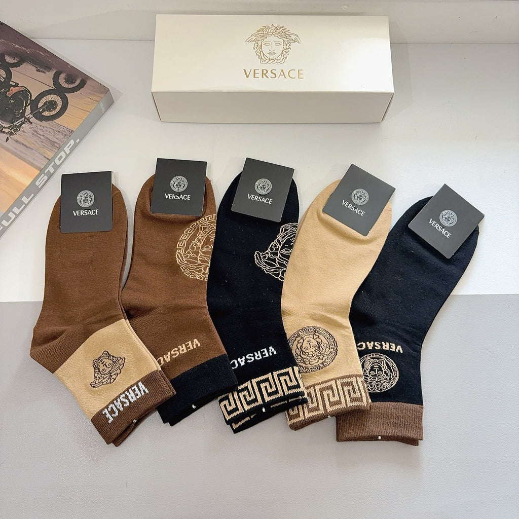Versace Cotton Knee-High Socks – 5-Pair Set #003