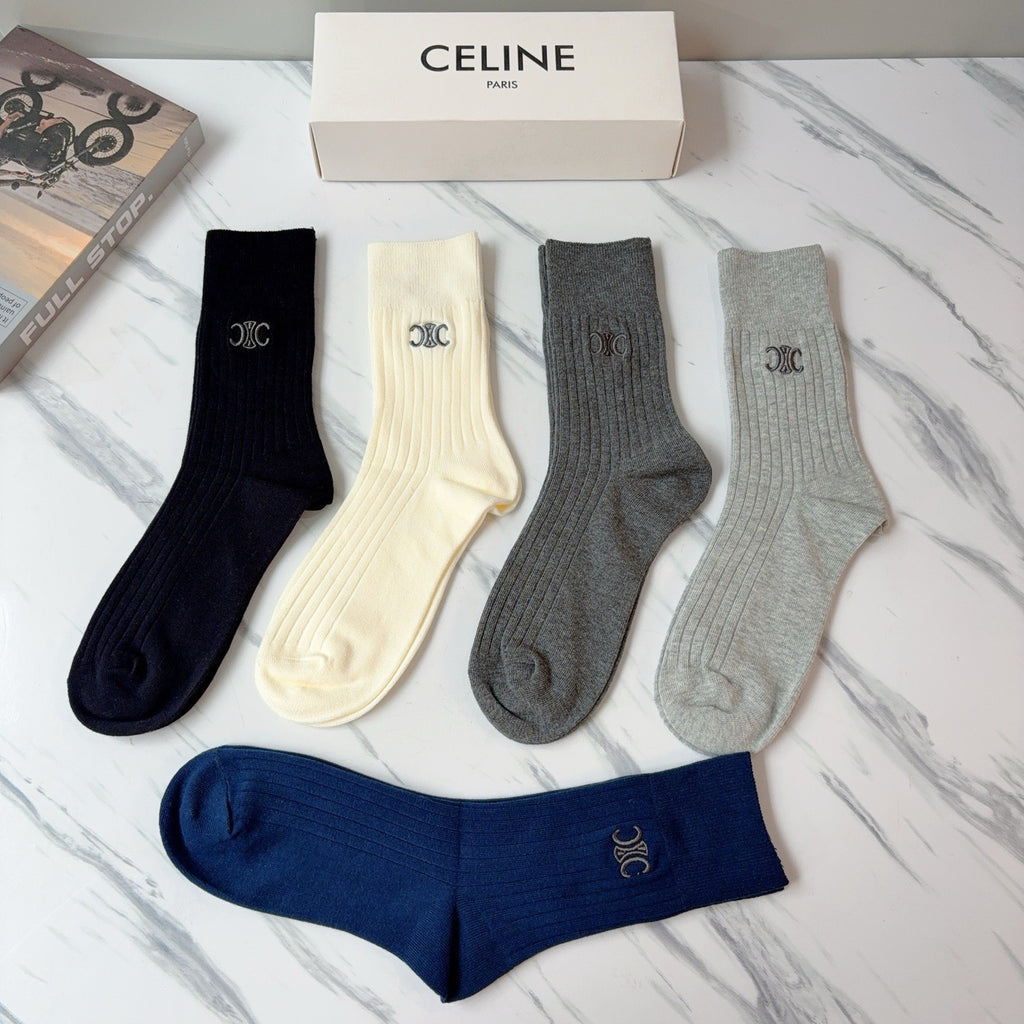 Celine Cotton Knee-High Socks – 5-Pair Set #001