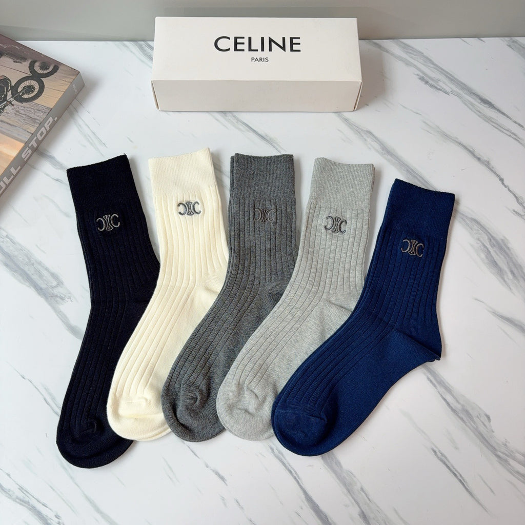 Celine Cotton Knee-High Socks – 5-Pair Set #001