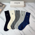 Celine Cotton Knee-High Socks – 5-Pair Set #001