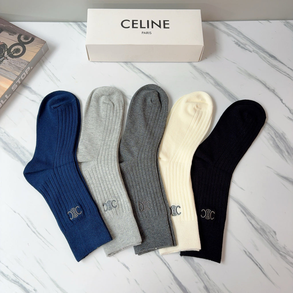 Celine Cotton Knee-High Socks – 5-Pair Set #001