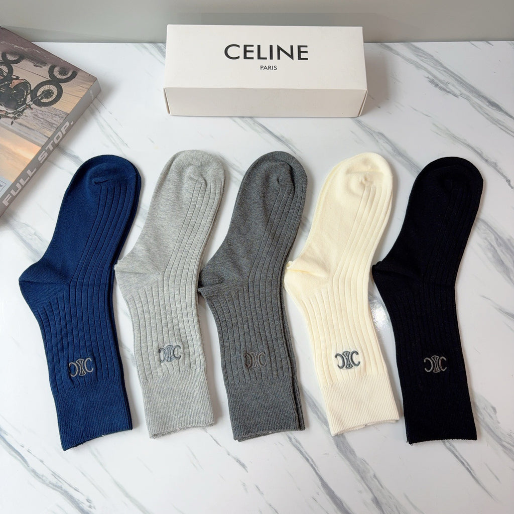 Celine Cotton Knee-High Socks – 5-Pair Set #001