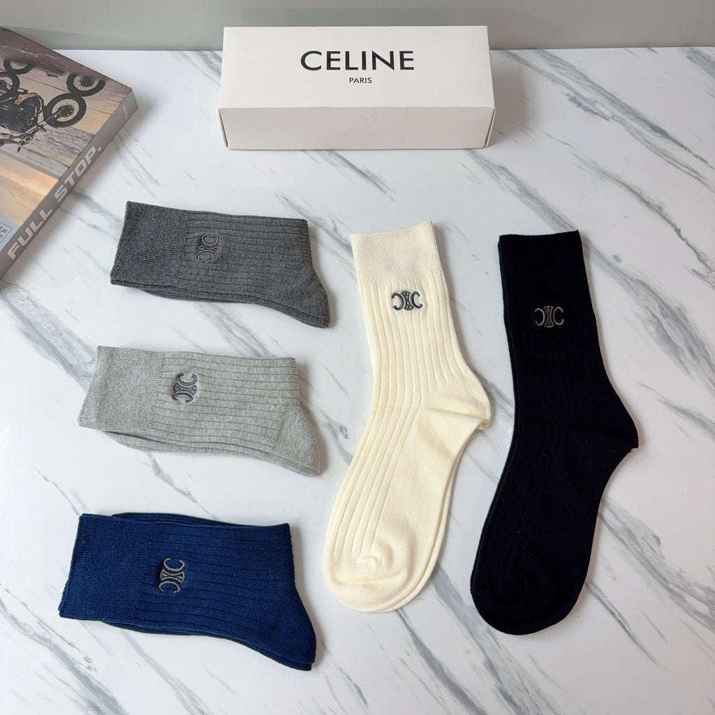 Celine Cotton Knee-High Socks – 5-Pair Set #001