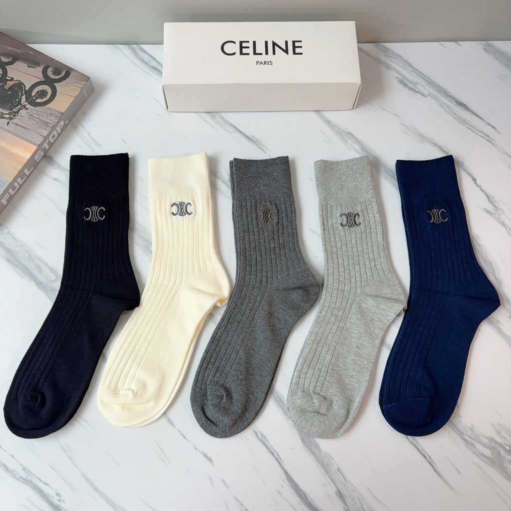 Celine Cotton Knee-High Socks – 5-Pair Set #001