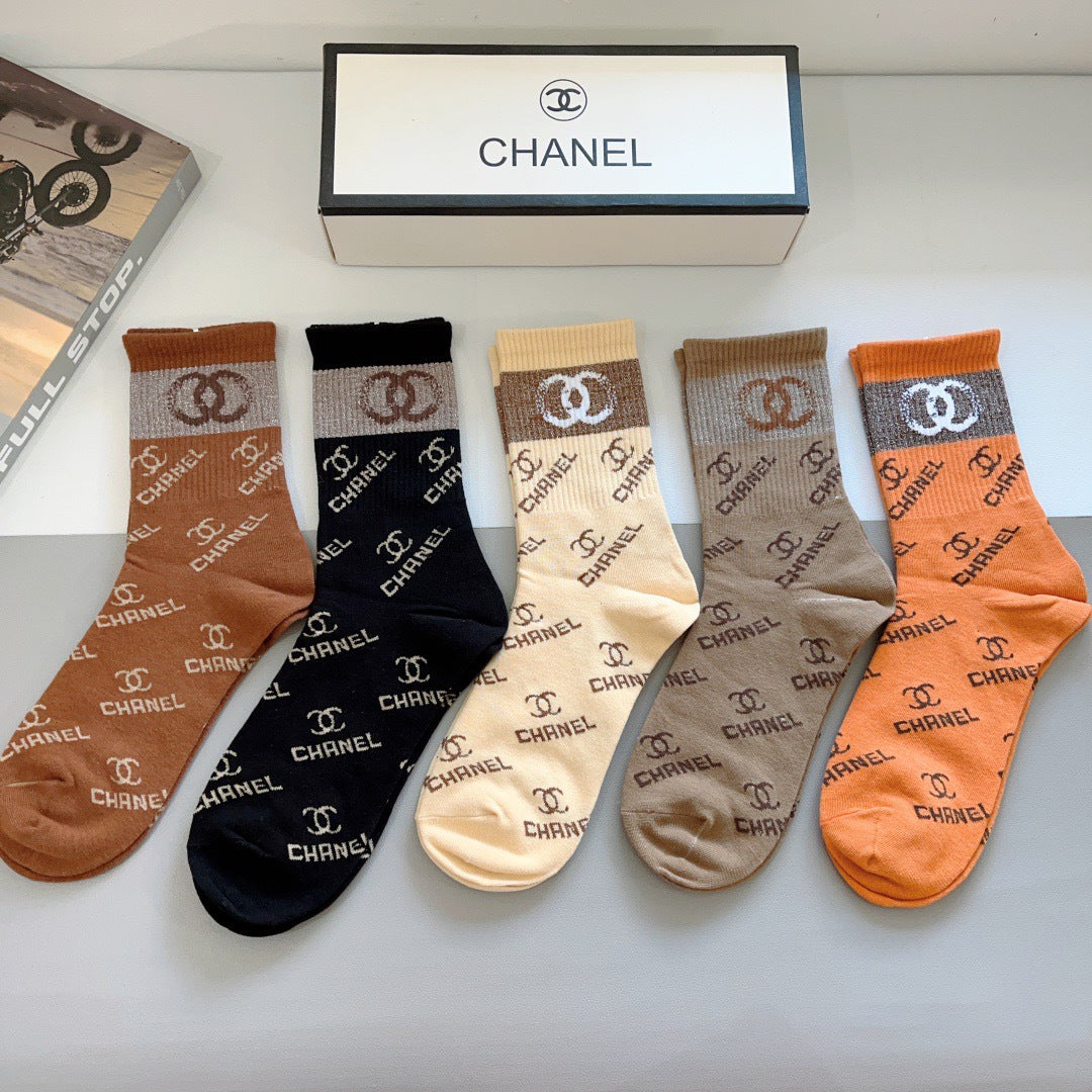 Chanel Cotton Knee-High Socks – 5-Pair Set #003
