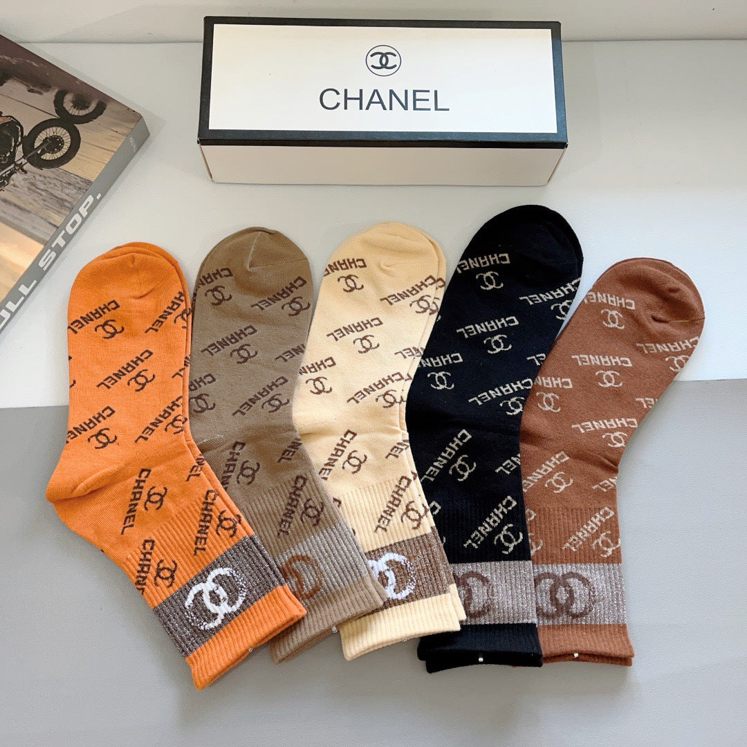 Chanel Cotton Knee-High Socks – 5-Pair Set #003
