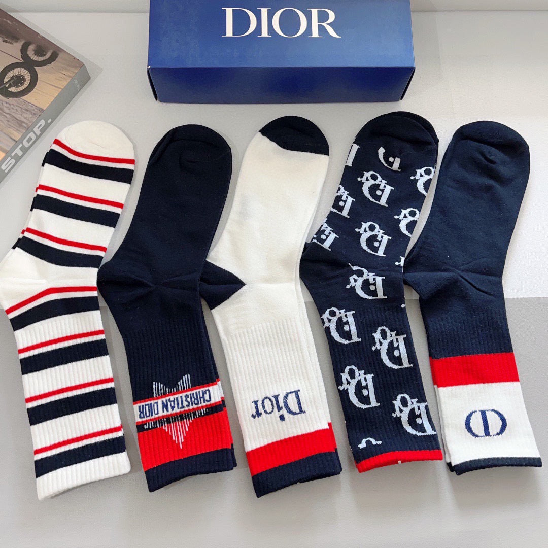 Dior Cotton Knee-High Socks – 5-Pair Set #002
