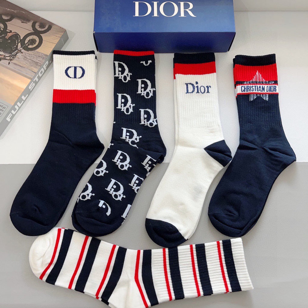 Dior Cotton Knee-High Socks – 5-Pair Set #002