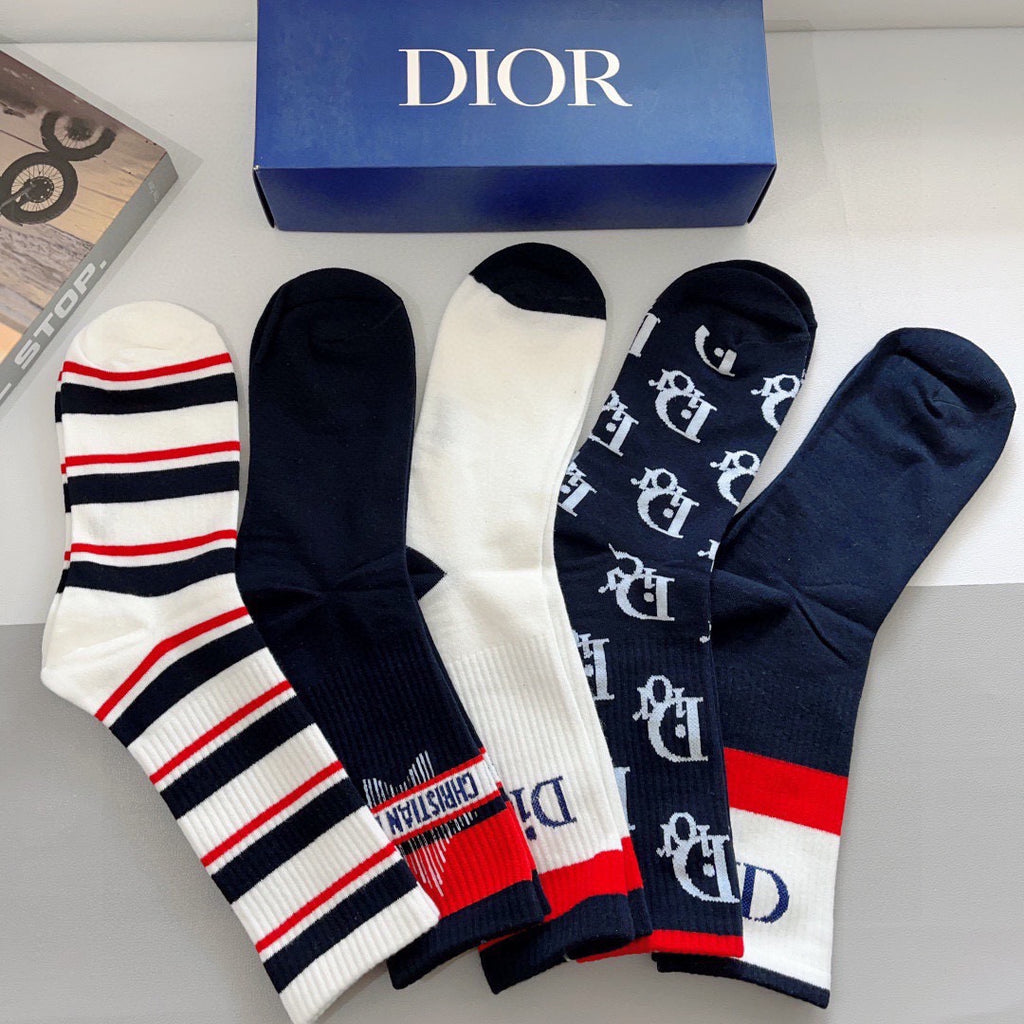 Dior Cotton Knee-High Socks – 5-Pair Set #002