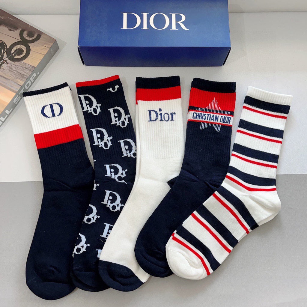 Dior Cotton Knee-High Socks – 5-Pair Set #002