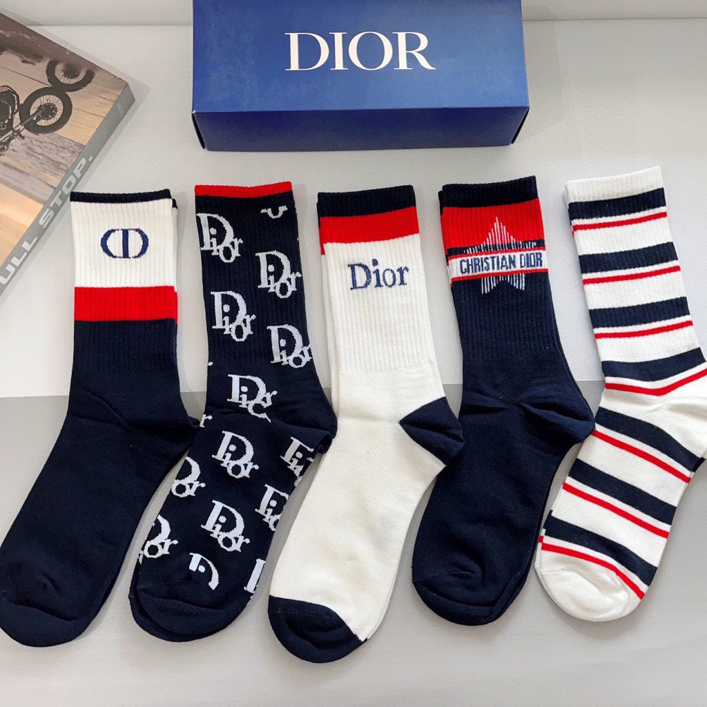 Dior Cotton Knee-High Socks – 5-Pair Set #002