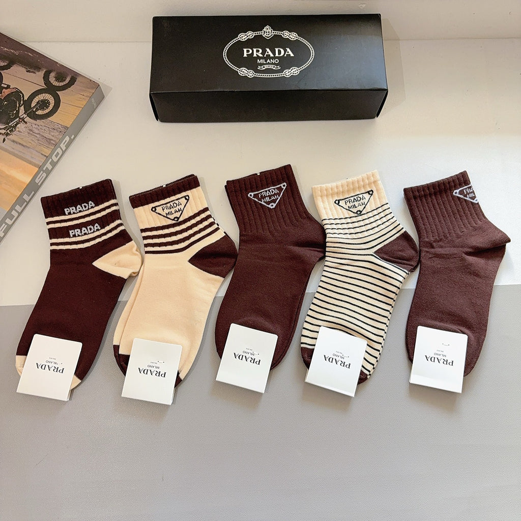 Prada Cotton Crew Socks – 5-Pair Set #002
