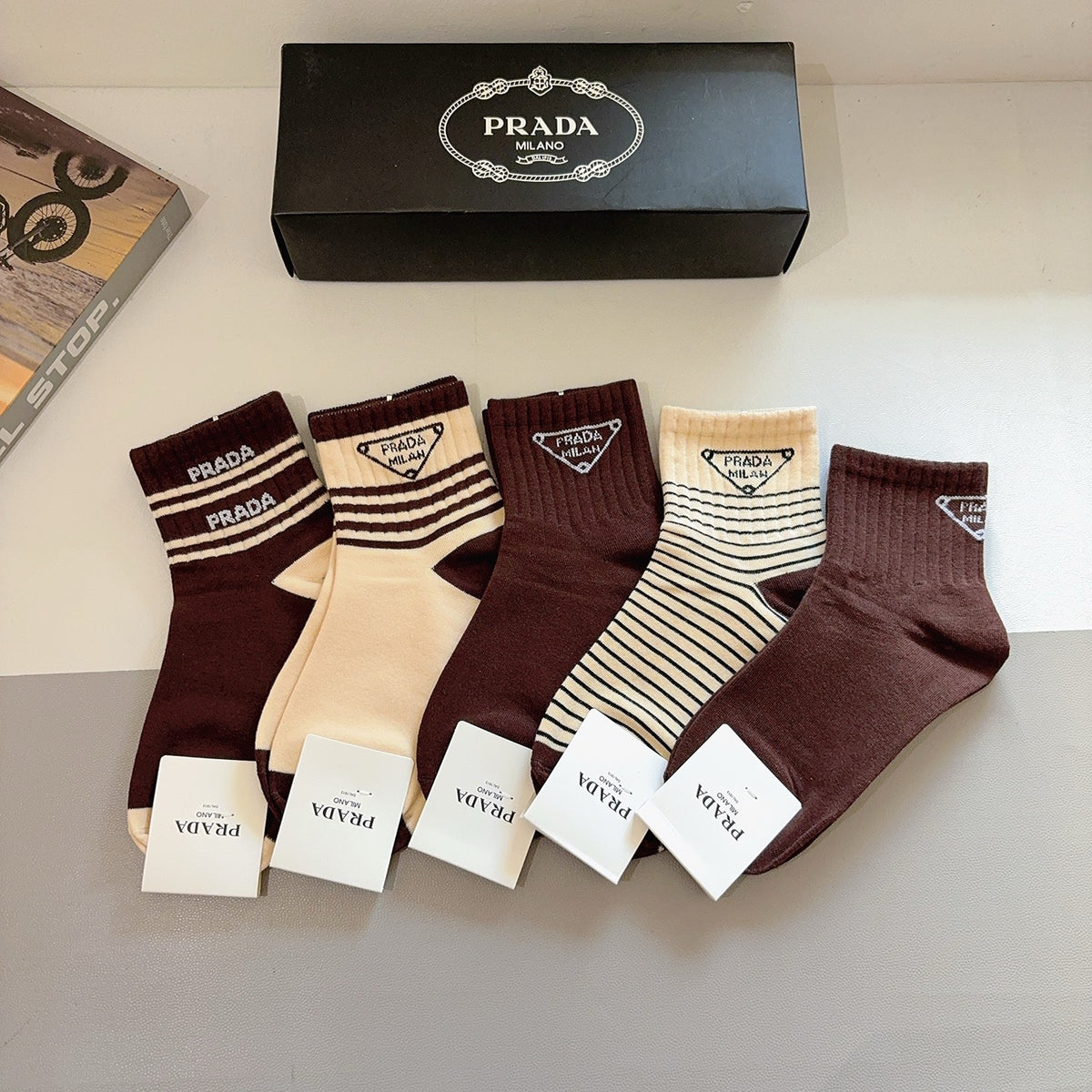 Prada Cotton Crew Socks – 5-Pair Set #002