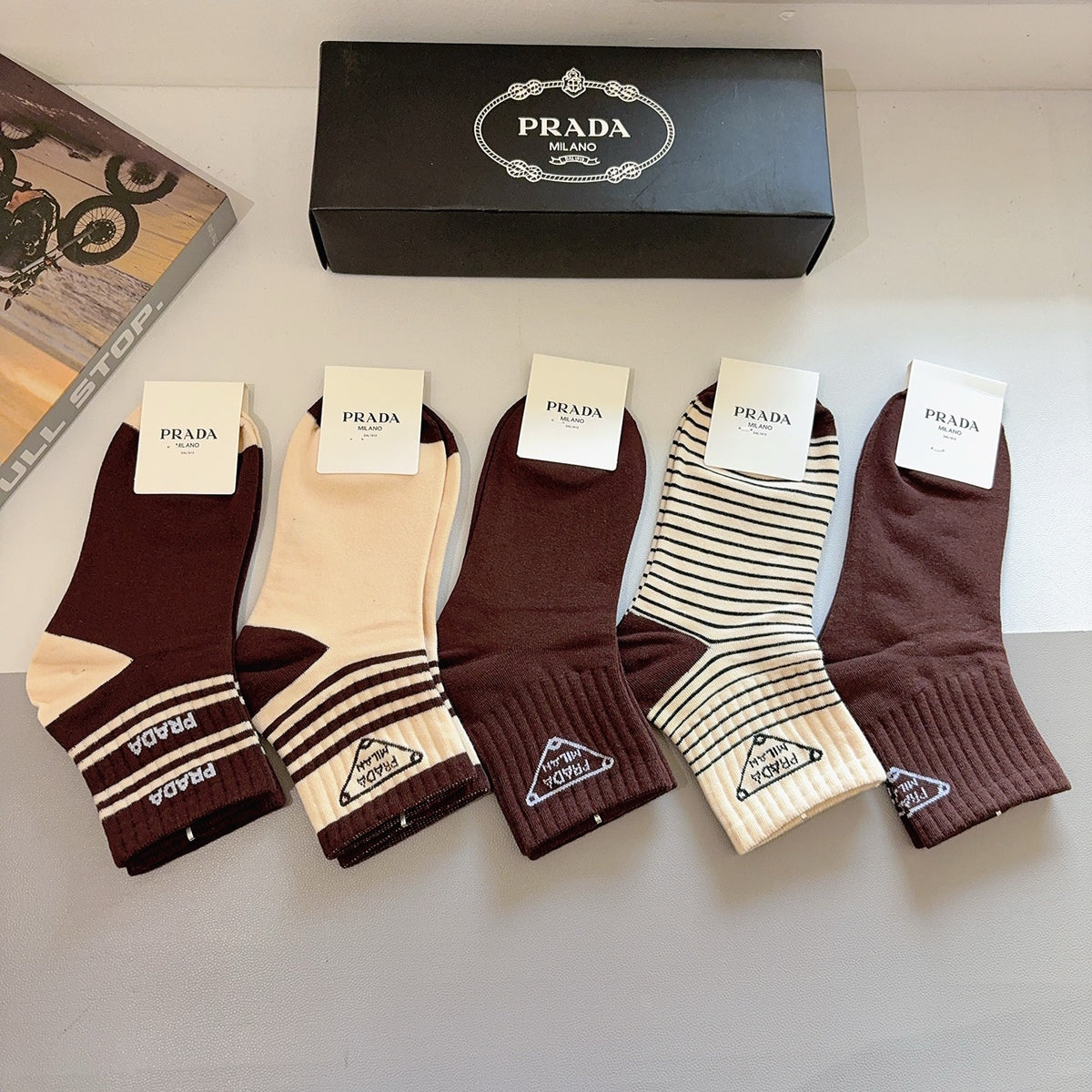 Prada Cotton Crew Socks – 5-Pair Set #002