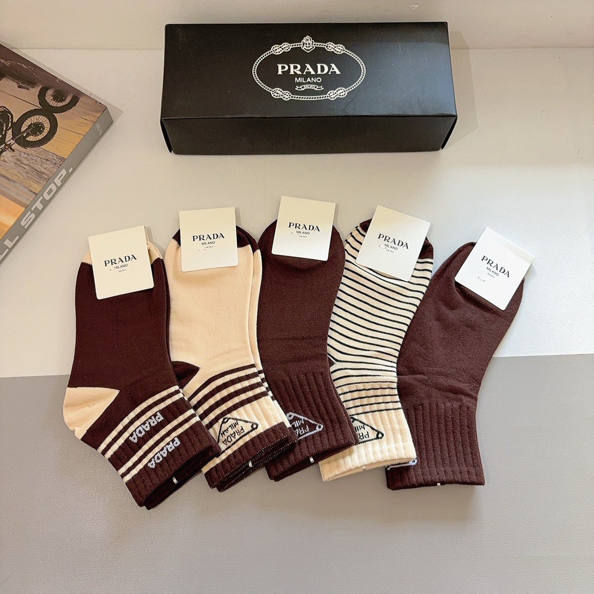 Prada Cotton Crew Socks – 5-Pair Set #002
