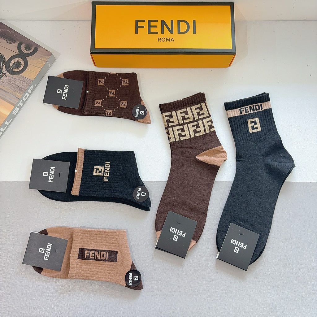 Fendi Cotton Crew Socks – 5-Pair Set #004